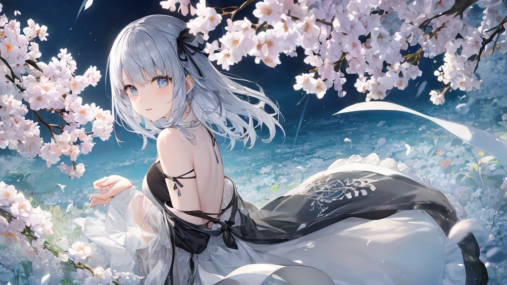 Open your mouth、Flower Field、Her eyes were shining、Mysterious and enchanting atmosphere。With AI Painting、とてもShort Hair, Long bangs between the eyes, Very detailed,(masterpiece、Highest quality)、alone、Gray Hair、Fantasy, Silver Hair, Fantasyな風景、smile、Open your mouth、short hair、Short Hair、hairpin、black eye、Grey Eyes、Beautiful Eyes、Black Shirt、White hoodie