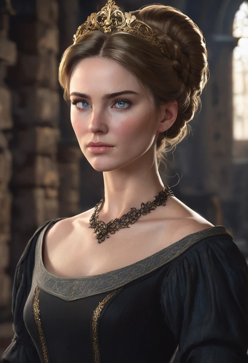 1 woman, inside a medieval era castle, wearing an elegant black dress, detailed facial features, feminine gray-blue eyes, , detailed fair skin, golden brown hair in a neat bun, dramatic lighting, cinematic composition, dark palette, dark colors, atmospheric haze, thin chin, angry expression, serious face, slim and beautiful woman, adult woman, ultra realistic, profile picture, adult woman (best quality, 4K, 8K, high resolution, art: 1.2), ultra detailed (realistic, photorealistic, photorealistic: 1.37)