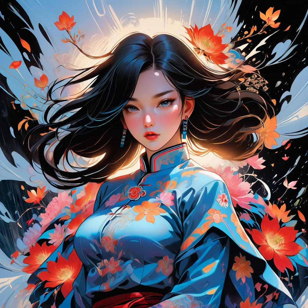 offcial art, Unified 8k wallpaper, super verbose, beautiful and gorgeous, work of art, best qualityer, chinese style, (zendispute, mandala, dispute, endispute), Ecstasy of flowers, 1 girl, very detailled, dynamic angle, cowboy shot, Chaos in its most beautiful form, chic, design brutalista, shiny colors, Romanticism, por James Jean, Robbie Devi Antonio, ross tran, French bacon, Michael Mraz, Adriano Genius, Petra Cortright, gerhard richter, takato yamamoto, ashley wood, atmospheric