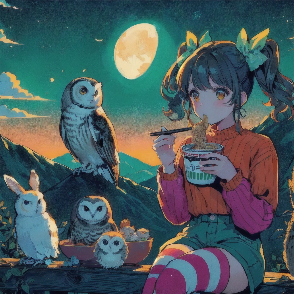 Anime girl eating ramen with a rabbit and an owl in the background, Mountain,LOFI Girl,Cute art style, 高品質のAnime art style, Anime Moe Art Style, beautiful Anime art style, Lofi Artstyle, Cute and detailed digital art, Lofi Art, Official artwork, Anime art style, Portrait of Rofi, In 80s anime art style