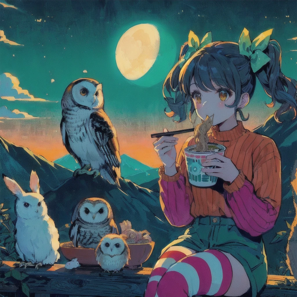 Anime girl eating ramen with a rabbit and an owl in the background, Mountain,LOFI Girl,Cute art style, 高品質のAnime art style, Anime Moe Art Style, beautiful Anime art style, Lofi Artstyle, Cute and detailed digital art, Lofi Art, Official artwork, Anime art style, Portrait of Rofi, In 80s anime art style