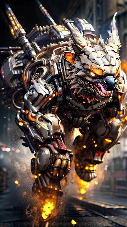(best quality,4k,8k,highres,masterpiece:1.2),ultra-detailed,(realistic,photorealistic,photo-realistic:1.37),mechanical creature with koala head,terrifying gaze,running towards camera,flames background,dynamic pose,cinematic lighting,dramatic shadows,highly detailed,intricate textures,vivid colors,moody atmosphere