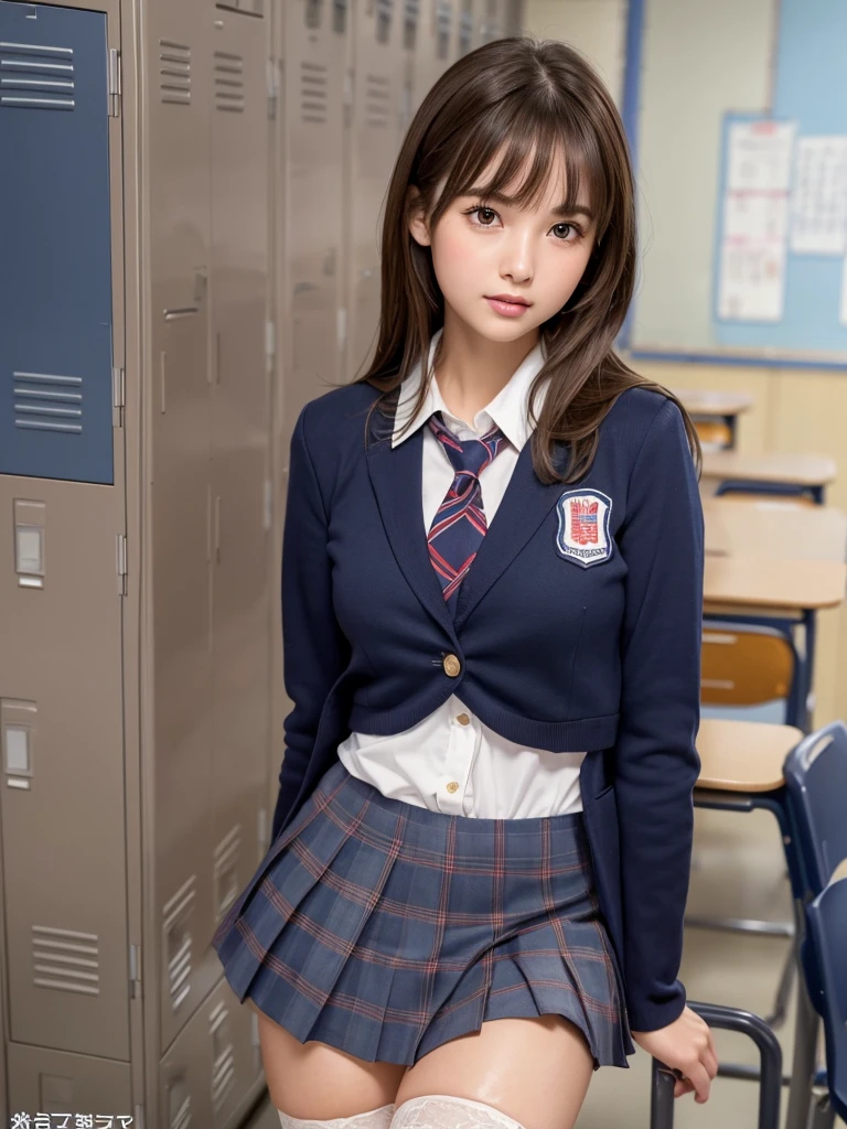 masterpiece,Highest quality,Very detailed,High resolution,(Realistic, photoRealistic:1.37),Excellent anatomy, One beautiful woman,20-year-old,Height: 152cm,high school girl,Crying a little,gravure idol, high school girl uniform,blazer,(shape),Checkered Pleated Micro Mini Skirt,Navy blue knee-high socks,garter belt,huge,Disheveled uniform,((Very delicate and beautiful)),((High school classroom,locker room,Schoolyard:1.2)),Brown Hair,Long Bob Hair,bangs,Very beautiful face,Cute type,Big Natural Color Lip,Small and cute nose,Big and pretty eyes,Brown eyes,Obvious double,Shiny highlight spots around the eyes,Character Focus,Tilt your head,The best light,Best Shadow,mysterious,Perfect Face,Very detailed, Soft Skin,(Glowing Skin, Sweaty: 1.3),Beautiful feet,Voluptuous thighs,Plump body,Huge breasts,(Expresses the roundness and softness of the chest area.........1), Beautiful body,(The perfect woman),Bold sexy pose,gravure idolのポーズ