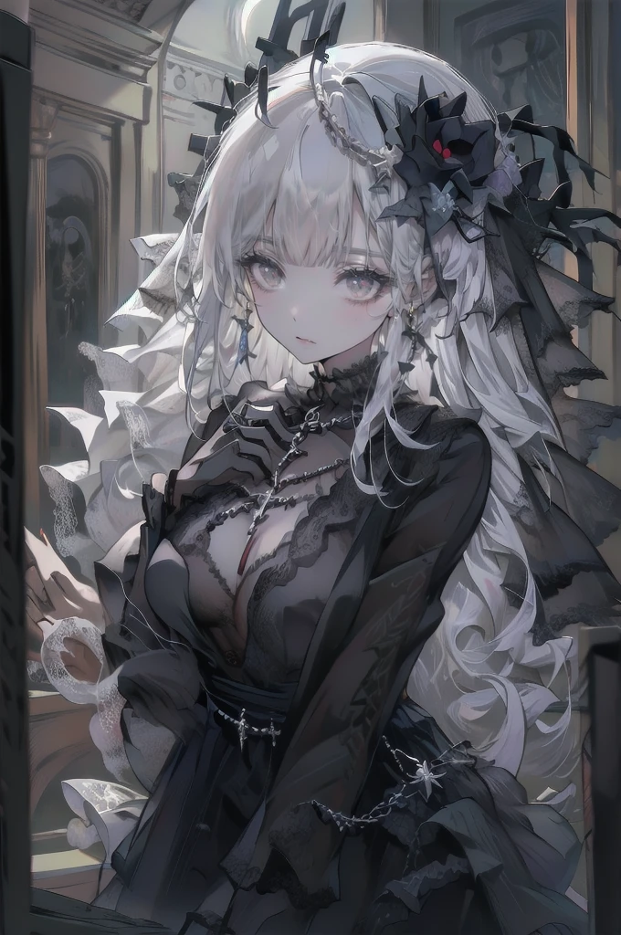 Create an image set with a photorealistic dark chapel, Illuminated only by moonlight, Featuring an anime-style girl character as the central character. She is portrayed as an evil guru., She is wearing a jet black dress with a striking black veil., Pale skin, And long black nails. Her eyes are bright red, Adding to her eerie presence. Pagan God々Surround her with symbols of, Integrating them into the dark chapel environment. The contrast between the realistic chapel and the stylized anime girl should be striking., Emphasizing the integration of various artistic mediums.