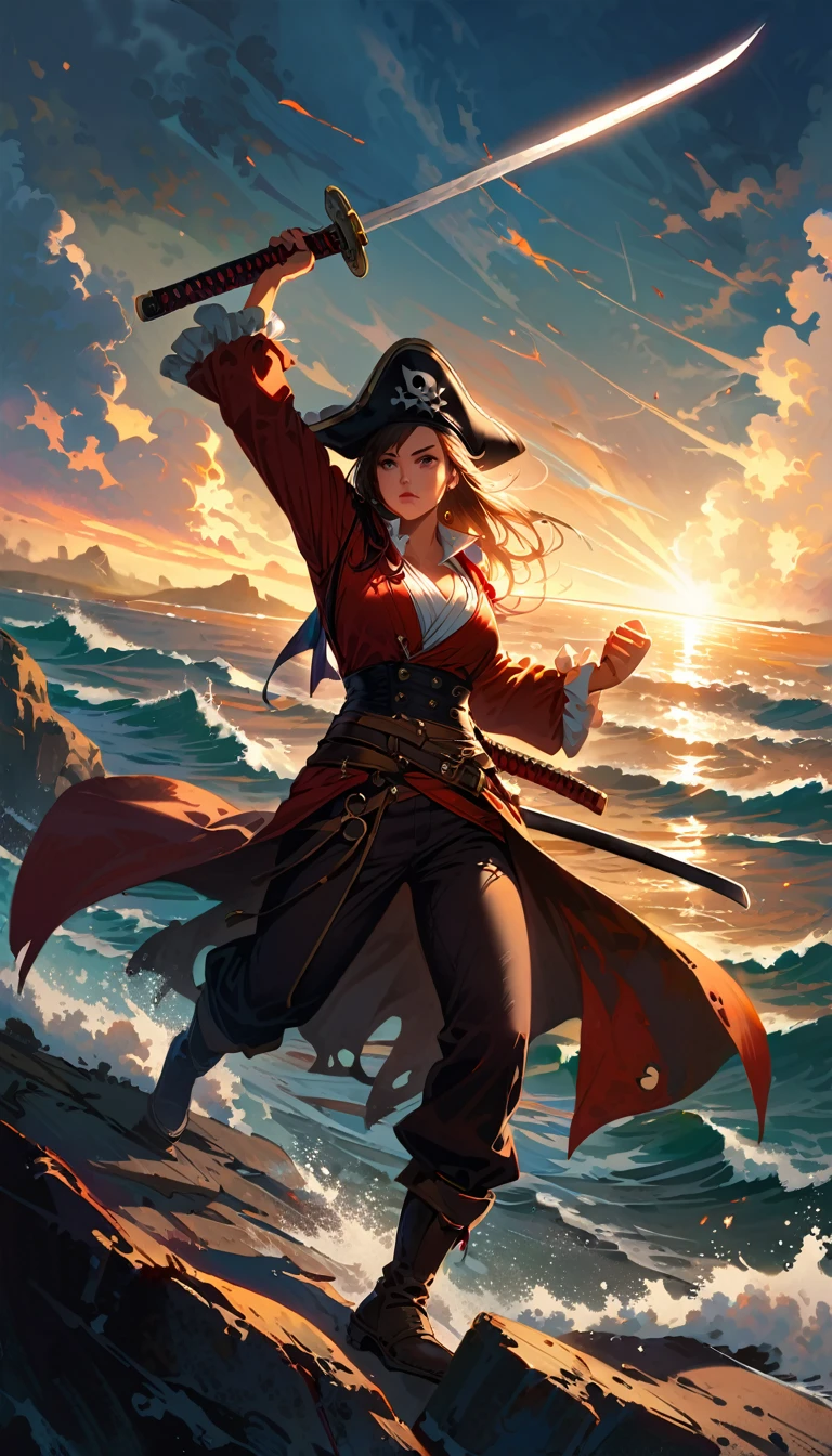 Full body shot, wide angle shot, realistic, 1girl, beautiful japanese girl, japanese pirat, xviii century, she hold katana sword near face, shining metal, eyes reflection from sword metal, old and torn pirate outfit,  female pirate, Low-key lighting Style, katana, fight, dynamic shot, fighting pose, immersive background of pirate battle on the sea