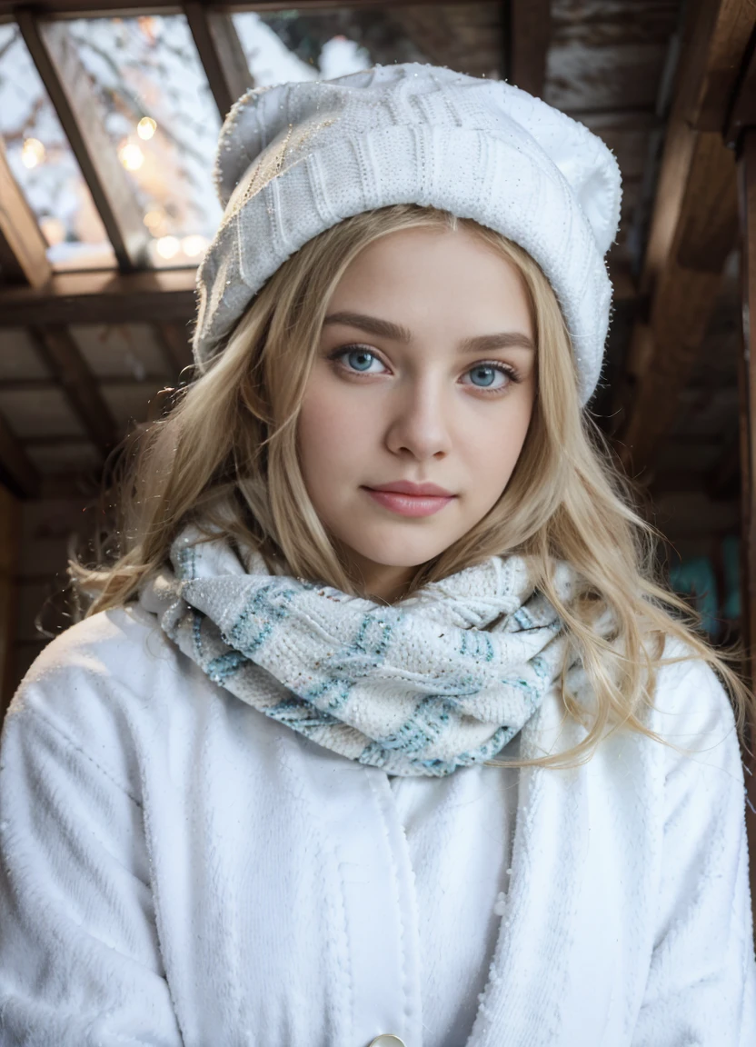 8k, RAW photo, best quality, ultra high resolution, unparalleled beauty, shiny shiny firm and shiny skin, shiny wavy beautiful platinum blonde,white proclain skin, super long  silky hair,  sexy beautiful 18 years old, high definition, big beautiful bright blue eyes, beautiful and lovely girl,,Pure and innocent,No tattoos,Average height , in a cute winter coat and beanie, surrounded by snow. She wears a colorful scarf and mittens, with a joyful and festive look. The snowy landscape includes evergreen trees and a cozy cabin in the background. She plays with the snow, creating a cheerful winter scene..(extremely detailed CG unity 8k wallpaper), Sharp focus, (bright light)