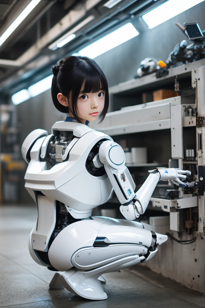 masterpiece, Highest quality, Very detailed, Japanese Android girl,Plump ,Control panel,robot arms,robot,Android,cyborg,white robot body,Ceramic body,perfect robotgirl,Blunt bangs,robot repair plant,Squat,Black Hair