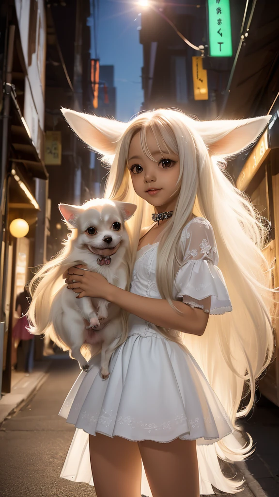 (((Photographic Reality)))、(((A small white long-haired dog, Chihuahua)))、In the neon city、Breathtaking Rendering, In a shining connection, Inspired by Kinuko Y. Crafting,Cast a variety of spells, bright flash