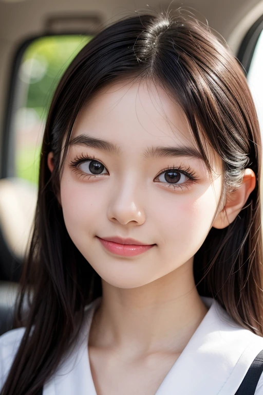 ((Cute 15 year old Japanese))、on the road、Highly detailed face、Pay attention to the details、double eyelid、Beautiful thin nose、Sharp focus:1.2、Beautiful woman:1.4、Cute Hairstyles、Pure white skin、Highest quality、masterpiece、Ultra-high resolution、(Realistic:1.4)、Highly detailed and professional lighting、nice smile、Japanese school girl uniform
