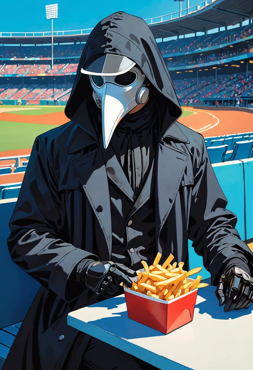 (masterpiece, best quality:1.1), (ultra highres, ultra-detailed:1.2),pop-art style,flatcolor, ((he is sitting and eating french fries)),,(in baseball stadium,Audience seats), BREAK boy,(male Mad-scientist),(wearing plague-doctor costume,white beak-mask),cool posing,eyes glow blue,black hood,black lab-coat, mecha arm,enjoy,