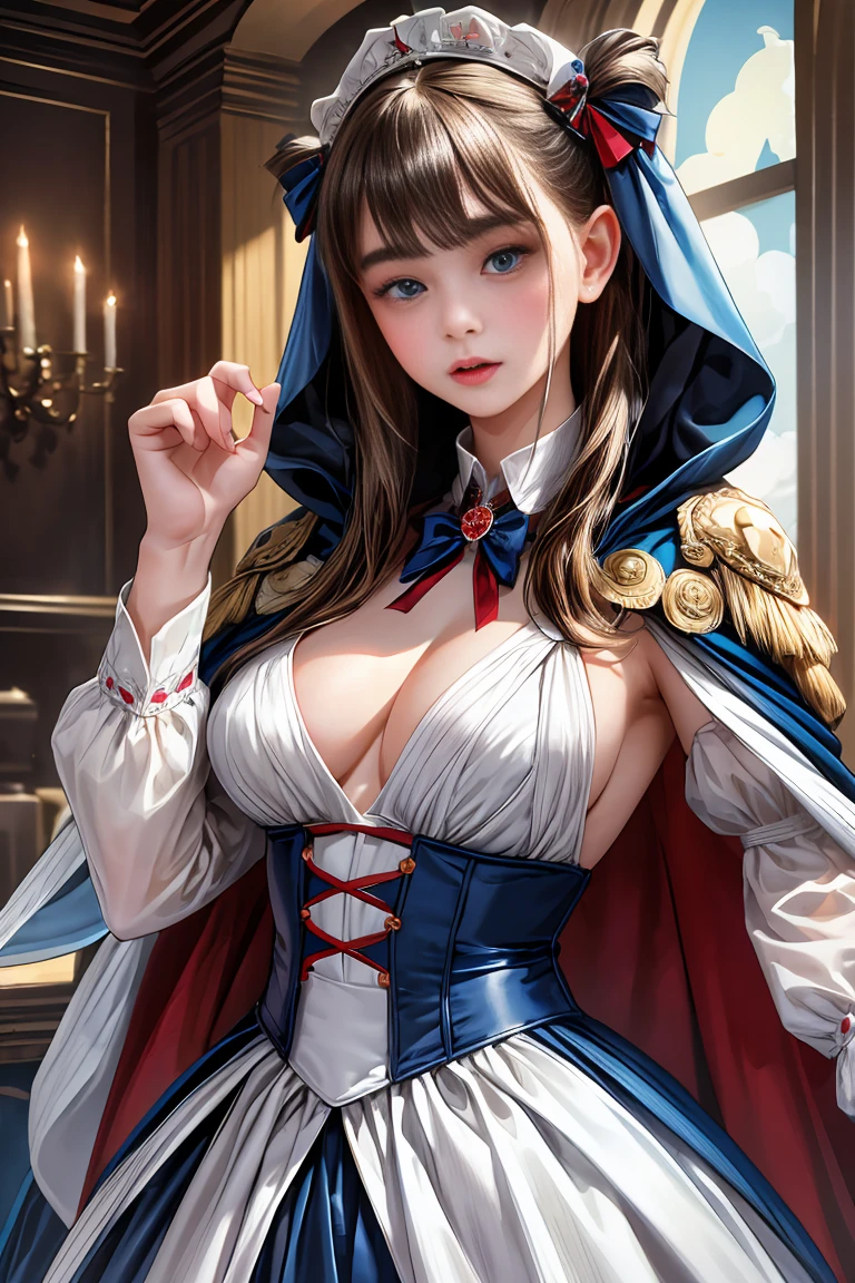 masterpiece, 最high quality, high quality, 1 girl, alone, Female focus, Watching the audience, Messy brown hair, Adorable big blue eyes, White people, Noble, Noble,Sexy voluminous cape、vampire、A very voluminous, large, very large, very large, long, long red and black cape with a high stand-up collar, made of a lot of fabric that reaches down to the floor., ,Cute beautiful girls,Cute, cute, kind, gorgeous girl