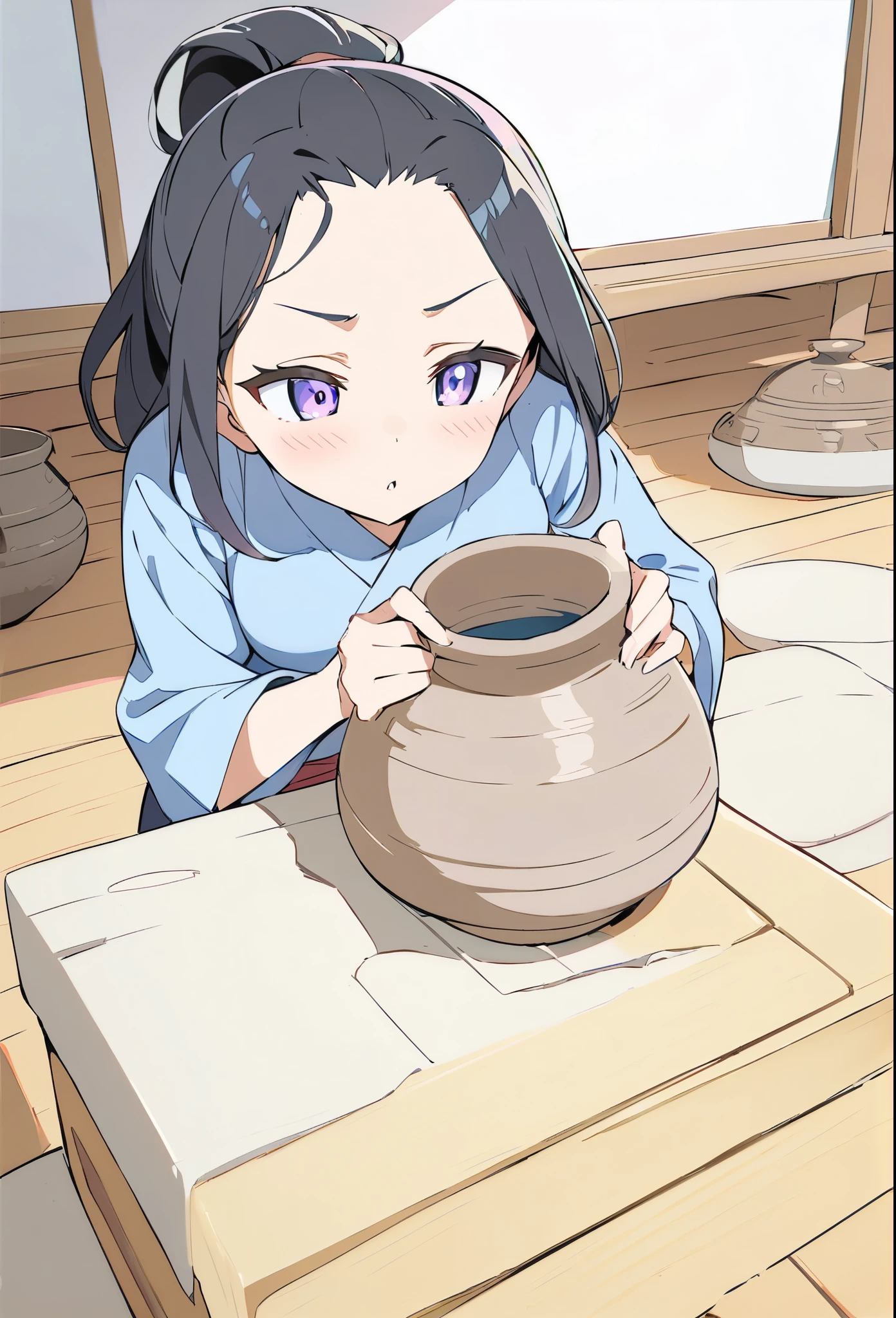 anime、デジタルanimeアート、Flat Design,(masterpiece:1.2)、high quality、High resolution、Very detailed、(Amazingly absurd:1.2)、Destroy Jomon Period、Black Hair、long hair、Hair tied back、Girl holding Jomon pottery