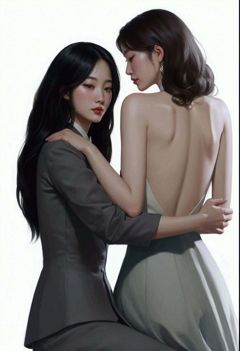 a painting of two women in formal clothing hugging each other, In the art form of the pond, By Yang J, Lesbian Art, Artwork in the style of gouache, Inspiration from Kim Deuksin, inspired By Jeon Seok Lee, Digital art of elegance, two women, Inspiration from Wang Khu, โดย Jeong Seon, By Jeon Seok Lee