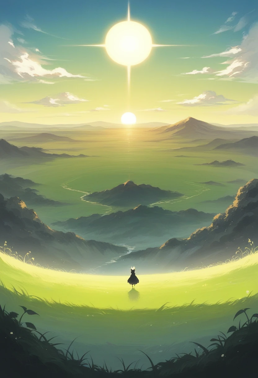 (((masterpiece))),(((Highest quality))),((Very detailed)),Rear View, Gaze at the sun, 空にはuniverse船がある, three suns, Black cat, (Stand 20 meters apart),Standing in the grassland, landscape, universe, 8k, Super Detail,The whole scene is shining'S、illumination、Particles of light,