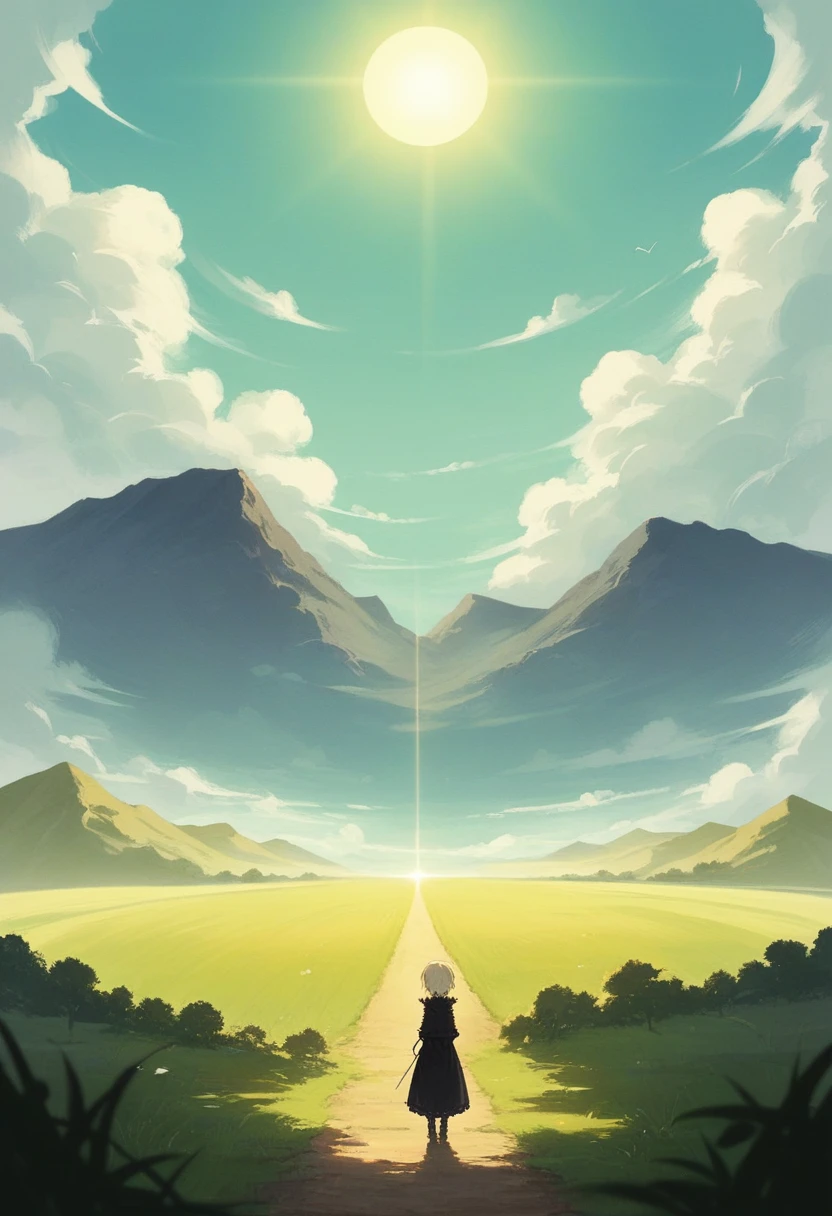 (((masterpiece))),(((Highest quality))),((Very detailed)),Rear View, Gaze at the sun, 空にはuniverse船がある, three suns, Black cat, (Stand 20 meters apart),Standing in the grassland, landscape, universe, 8k, Super Detail,The whole scene is shining'S、illumination、Particles of light,