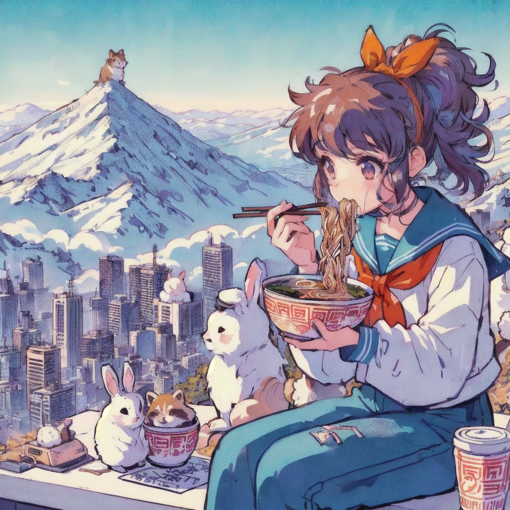 Anime girl eating ramen with a rabbit and a raccoon dog in the background, Mountain,LOFI Girl,Cute art style, 高品質のAnime art style, Anime Moe Art Style, beautiful Anime art style, Lofi Artstyle, Cute and detailed digital art, Lofi Art, Official artwork, Anime art style, Portrait of Rofi, In 80s anime art style