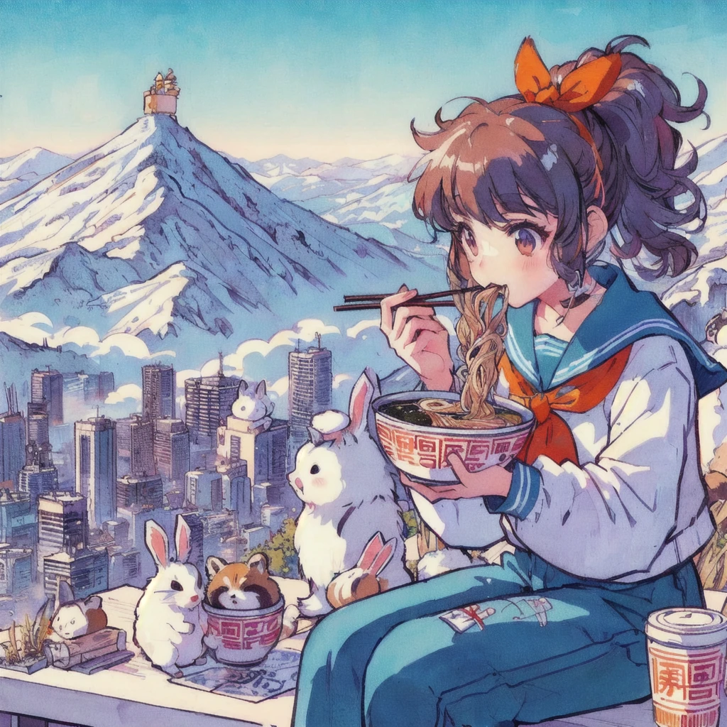 Anime girl eating ramen with a rabbit and a raccoon dog in the background, Mountain,LOFI Girl,Cute art style, 高品質のAnime art style, Anime Moe Art Style, beautiful Anime art style, Lofi Artstyle, Cute and detailed digital art, Lofi Art, Official artwork, Anime art style, Portrait of Rofi, In 80s anime art style