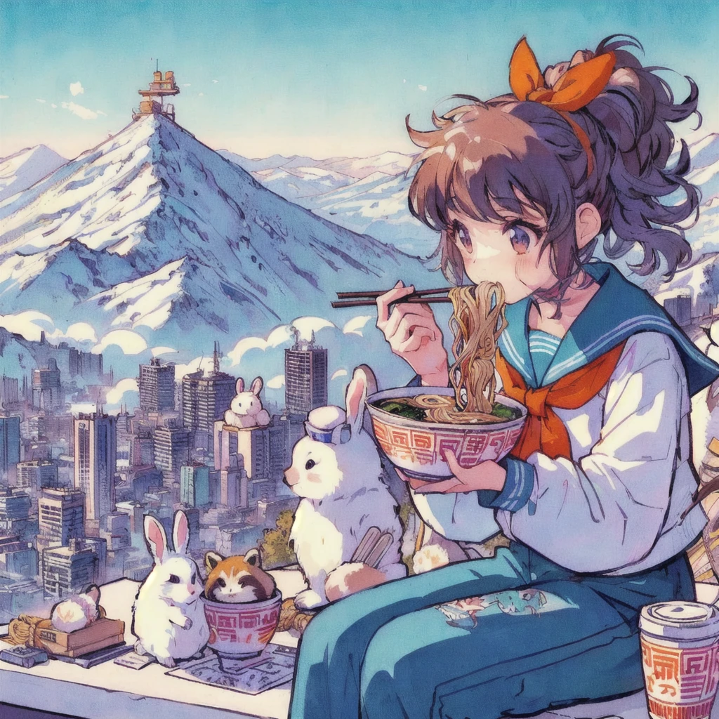 Anime girl eating ramen with a rabbit and a raccoon dog in the background, Mountain,LOFI Girl,Cute art style, 高品質のAnime art style, Anime Moe Art Style, beautiful Anime art style, Lofi Artstyle, Cute and detailed digital art, Lofi Art, Official artwork, Anime art style, Portrait of Rofi, In 80s anime art style