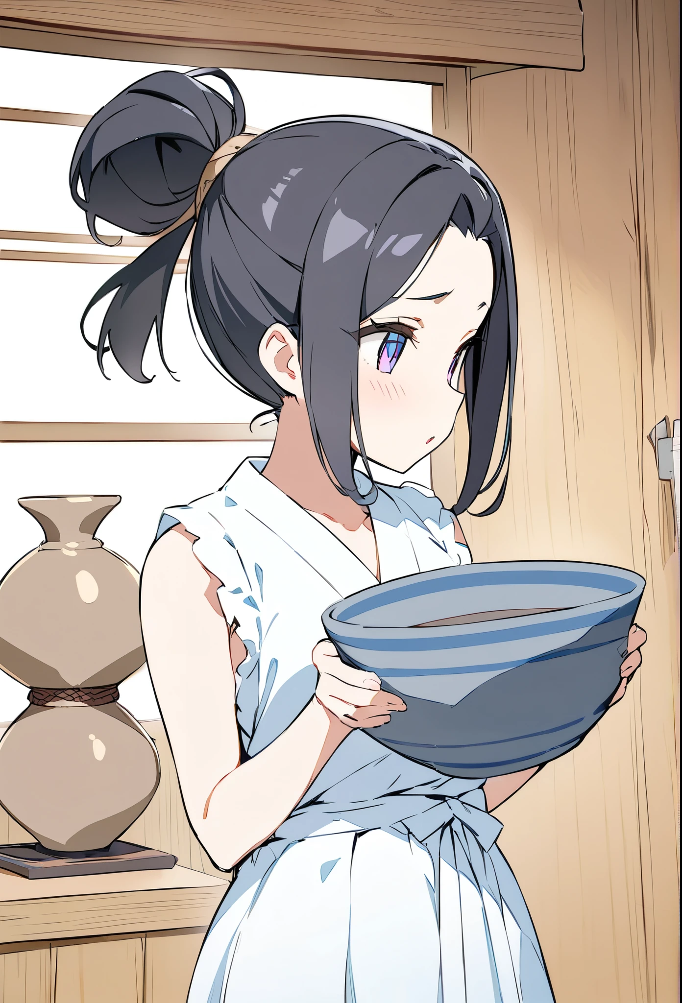 anime、デジタルanimeアート、Flat Design,(masterpiece:1.2)、high quality、High resolution、Very detailed、(Amazingly absurd:1.2)、BREAK、Jomon Period、Black Hair、long hair、Hair tied back、Girl holding Jomon pottery