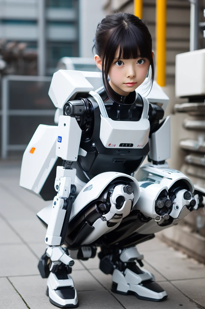 masterpiece, Highest quality, Very detailed, Japanese Android girl,Plump ,Control panel,robot arms,robot,Android,cyborg,white robot body,Ceramic body,perfect robotgirl,Blunt bangs,robot repair plant,Squat,Black Hair