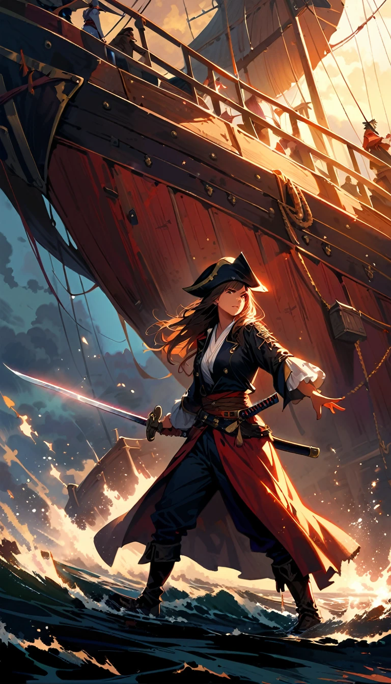 Full body shot, wide angle shot, realistic, 1girl,profile shot,  beautiful japanese girl, japanese pirat, xviii century, she hold katana sword near face, shining metal, eyes reflection from sword metal, old and torn pirate outfit,  female pirate, Low-key lighting Style, katana, fight, dynamic shot, fighting pose, immersive background of pirate battle on the sea, pirate ship, fireing ships canons