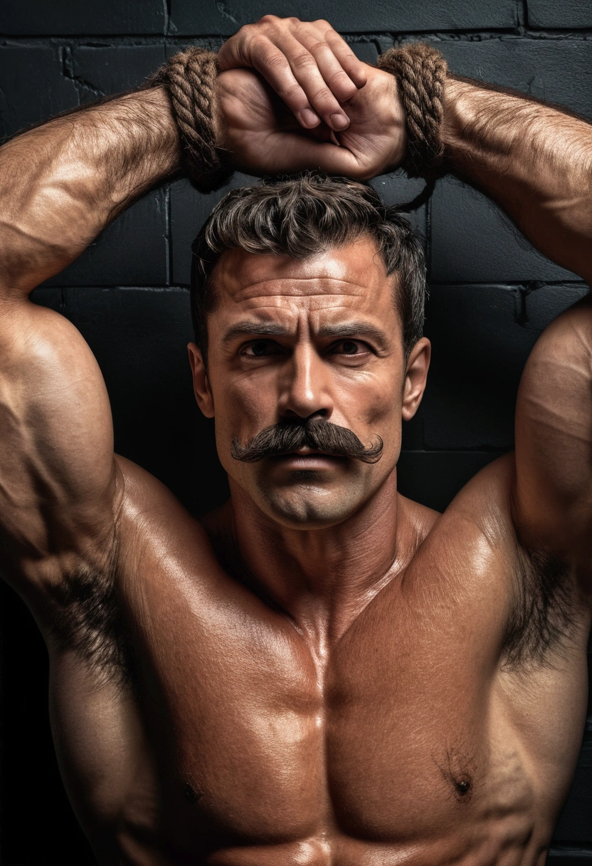 muscular fit man, shirtless, big pecs, tied up to wall, hands over head, very hairy chest, mustache, (best quality,4k,8k,highres,masterpiece:1.2),ultra-detailed,(realistic,photorealistic,photo-realistic:1.37),detailed portrait, chiaroscuro lighting, dramatic lighting, cinematic, dark moody atmosphere