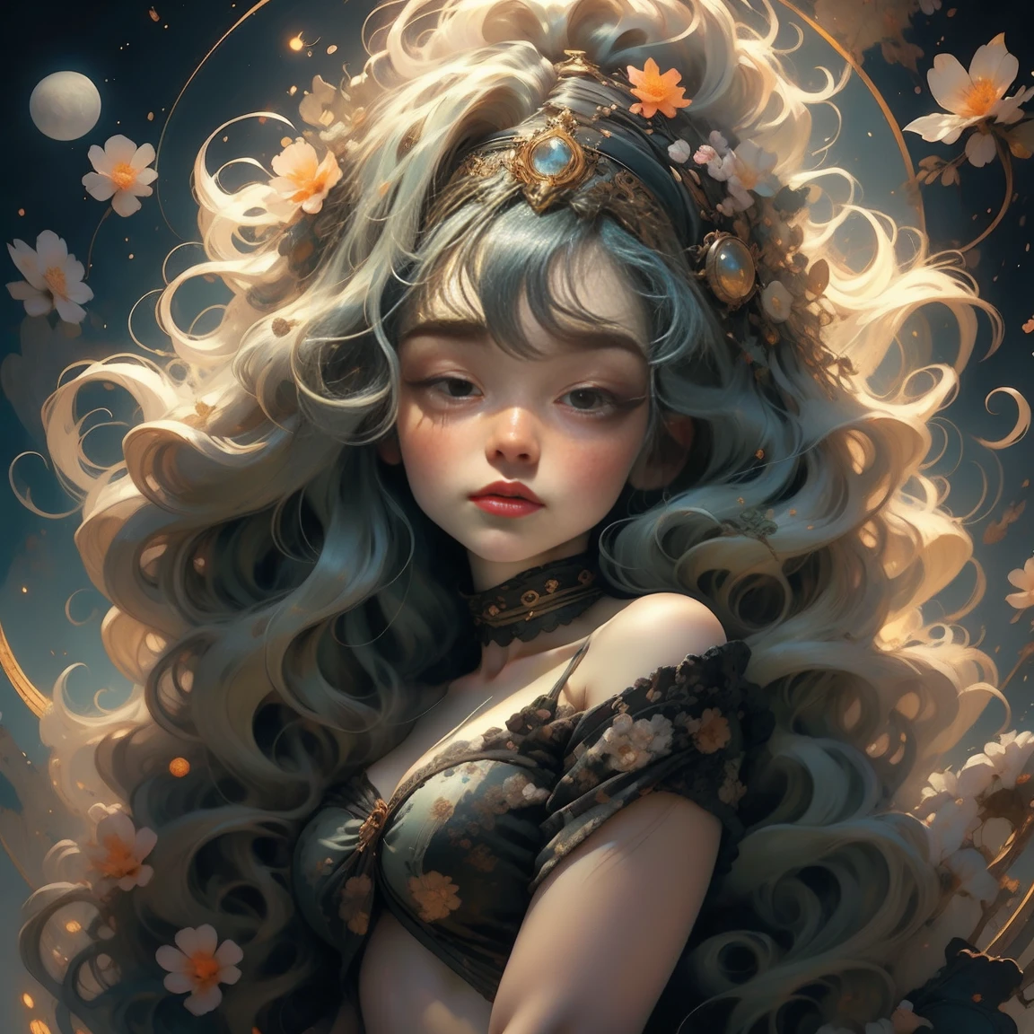 A young seductress caressing a flower, Digital style, anime aesthetic, Thai art, Aurora Punk, mono-ha, ((work of art)), (best qualityer), moon goddess , breasts big，mantea，Correia，Show your neck，bared shoulders，Show navel，Camel's foot toe exposed，eyes large, far away, thick eyelashes, fleshy lips, dark red eyes, hair far away and thick, high ponytail, plumpness, flowery_fund, Intricate designs and patterns in the style of Alphonse Mucha.from behind