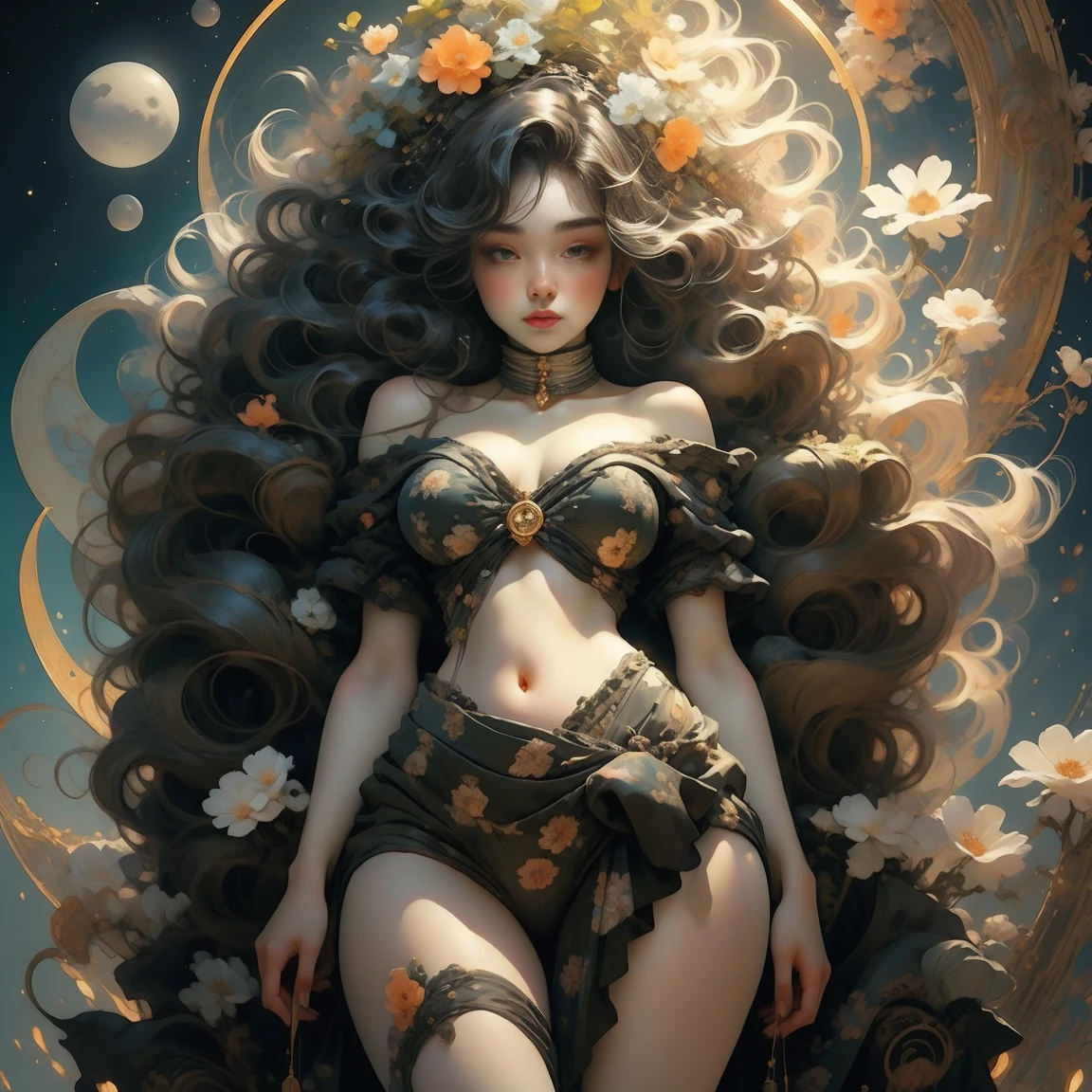 A young seductress caressing a flower, Digital style, anime aesthetic, Thai art, Aurora Punk, mono-ha, ((work of art)), (best qualityer), moon goddess , breasts big,mantea,Correia,Show your neck,bared shoulders,Show navel,Camel's foot toe exposed,eyes large, far away, thick eyelashes, fleshy lips, dark red eyes, hair far away and thick, high ponytail, plumpness, flowery_fund, Intricate designs and patterns in the style of Alphonse Mucha.from behind