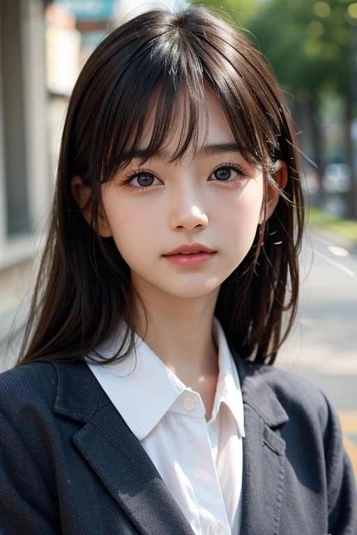 ((Cute 15 year old Japanese))、on the road、Highly detailed face、Pay attention to the details、double eyelid、Beautiful thin nose、Sharp focus:1.2、Beautiful woman:1.4、Cute Hairstyles、Pure white skin、Highest quality、masterpiece、Ultra-high resolution、(Realistic:1.4)、Highly detailed and professional lighting、nice smile、Japanese school girl uniform