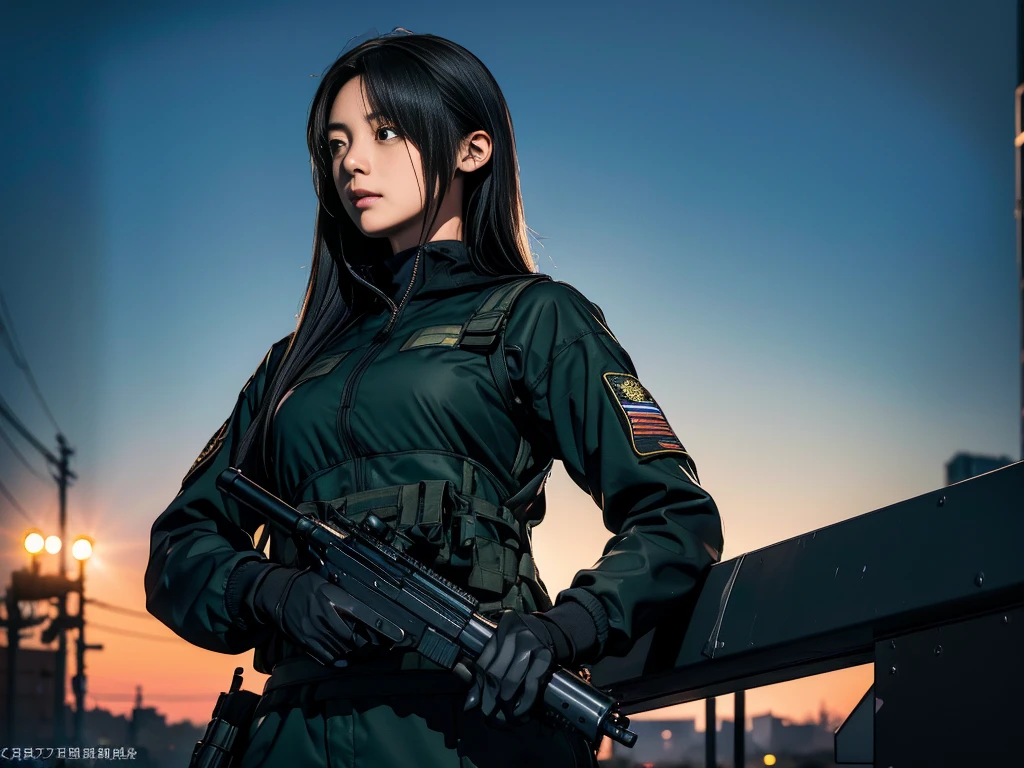 With the dark Shinjuku night view in the background、A girl soldier in black combat uniform、She stands tall with her long braided hair flowing behind her.。Pointing a Lahti L-39 anti-tank gun at a giant military robot、Her green eyes narrow。In that thick body、There were many holes and debris from previous battles.。The rubble-strewn ground around her was bathed in direct sunlight.、It casts a dramatic shadow over her determined face.。In the background、Five special forces SWAT team members are engaged in fierce combat with the enemy。 35mm cameras have a shallow depth of field (f/1.8) Capture and、Lens flares add a cinematic effect。Highly detailed textures and high dynamic range (HDR) brings this masterpiece to life。
