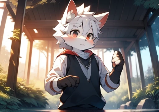 Boys have strong sexual desire，Furry wolf，((Shota)), Black and white hair, Good figure, Handsome，cute, Light：极致Light影, 反Light皮肤,Reddish skin，((Worn clothes，Commoner)) ，((Deep in the forest，，，solo，Alone))，Sunset，((detail))，（Depth of Field），stand up，High-rise