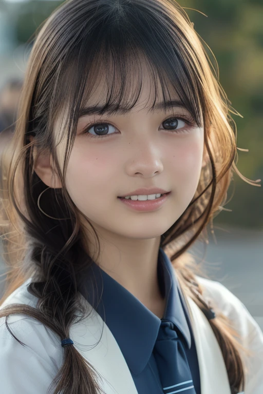 ((Cute 15 year old Japanese))、on the road、Highly detailed face、Pay attention to the details、double eyelid、Beautiful thin nose、Sharp focus:1.2、Beautiful woman:1.4、Cute Hairstyles、Pure white skin、Highest quality、masterpiece、Ultra-high resolution、(Realistic:1.4)、Highly detailed and professional lighting、nice smile、Japanese school girl uniform