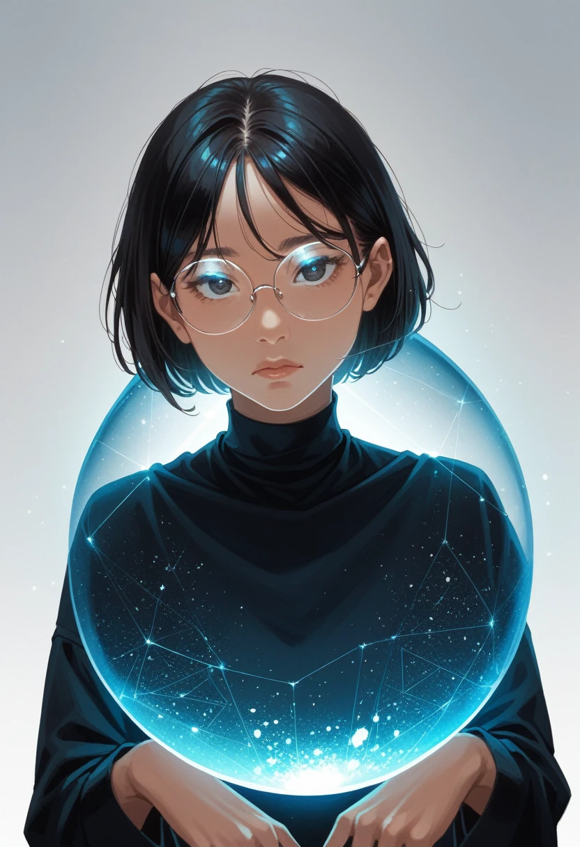 ((One girl)), anime, Short black hair, Dark Skin, Shiny glasses lenses, Mouth closed and expressionless, Sitting, She holds a glowing sphere in her hand.、Two other glowing spheres orbit her..