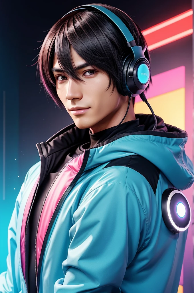 Highly detailed anime male character with a friendly and approachable expression, designed for a YouTube talking AI. Emphasize clean lines, vibrant colors, and a modern look. Include elements like futuristic headphones, stylish clothing, and a dynamic background with digital elements. Ensure the character has clear facial features and expressive eyes for engaging video content."