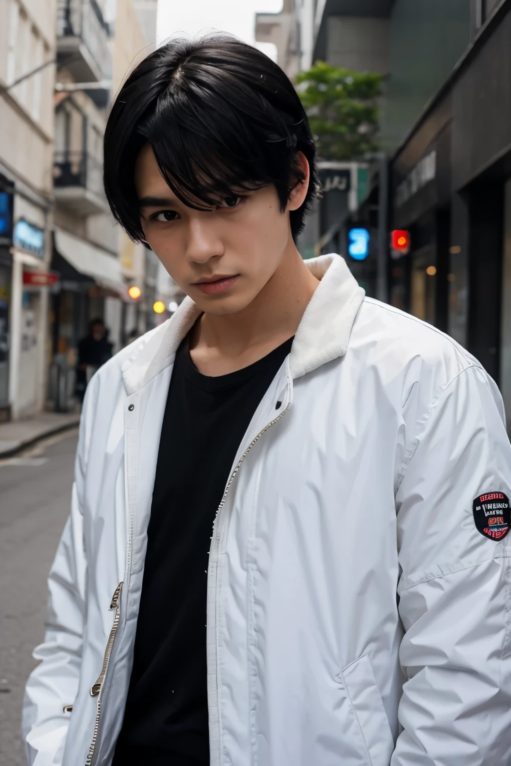 Black hair no head white jacket anime boy