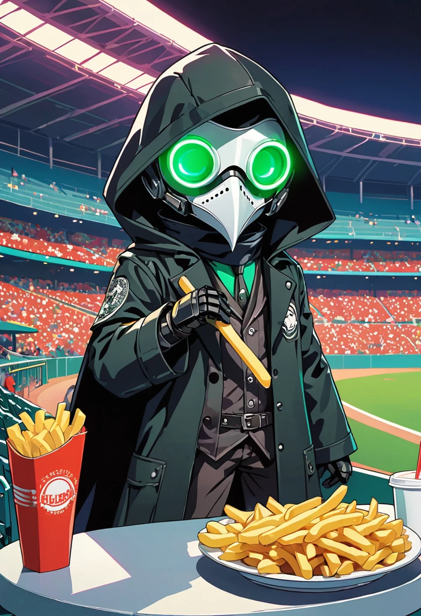 (masterpiece, best quality:1.1), (ultra highres, ultra-detailed:1.2),pop-art style,flatcolor, ((he is sitting and eating french fries)),,(in baseball stadium,Audience seats), BREAK chibi-boy,(male Mad-scientist),(wearing plague-doctor costume,white beak-mask),cool posing,eyes glow green,black hood,black lab-coat, mecha arm,smile
