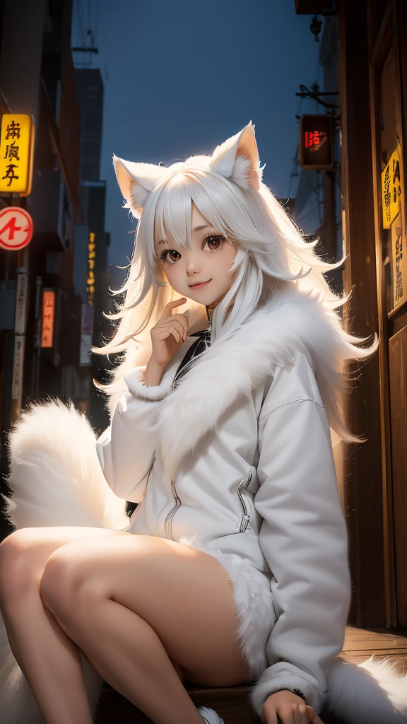 (((Photographic Reality)))、(((White long fur)))、((小型dogのチワワ))、dog、Sitting and watching this、In the neon city、Breathtaking Rendering, bright flash
