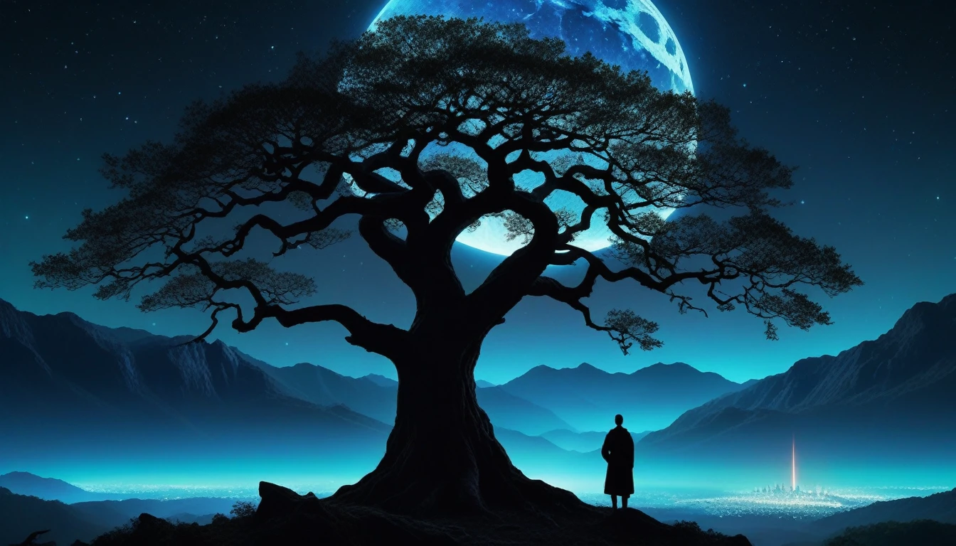(Standing,Lonely,Mysterious ancient tree,Starry Sky,Unique lighting),(Highest quality,4K,8k,High resolution,masterpiece:1.2),Very detailed,(Realistic,photoRealistic,photo-Realistic:1.37),figure,Gorgeous branches,Complex bark,Dark silhouette of a tree,A glowing sphere floating around a tree,The soft moonlight illuminates the scene.,Magical atmosphere,Mysterious glow,Faint fog in the background,Distant Mountain々,Animal silhouettes in the shadows,Dark tree々Vibrant colors that contrast with,Deep Peace,Awe-inspiring views,Captivating natural beauty,sublime scenery,Otherworldly Beings,A sense of mystery and wonder,Ancient wisdom,Breathtaking composition,Dreamlike quality,Picturesque landscapes,Detail capturing leaves and leaf texture,A timeless aura,Fairytale atmosphere,A beautiful sight to remember,Surreal elements blended with reality,A dramatic perspective that draws attention to the tree,Impressive scale and grandeur,The whisper of the wind echoing through the branches.