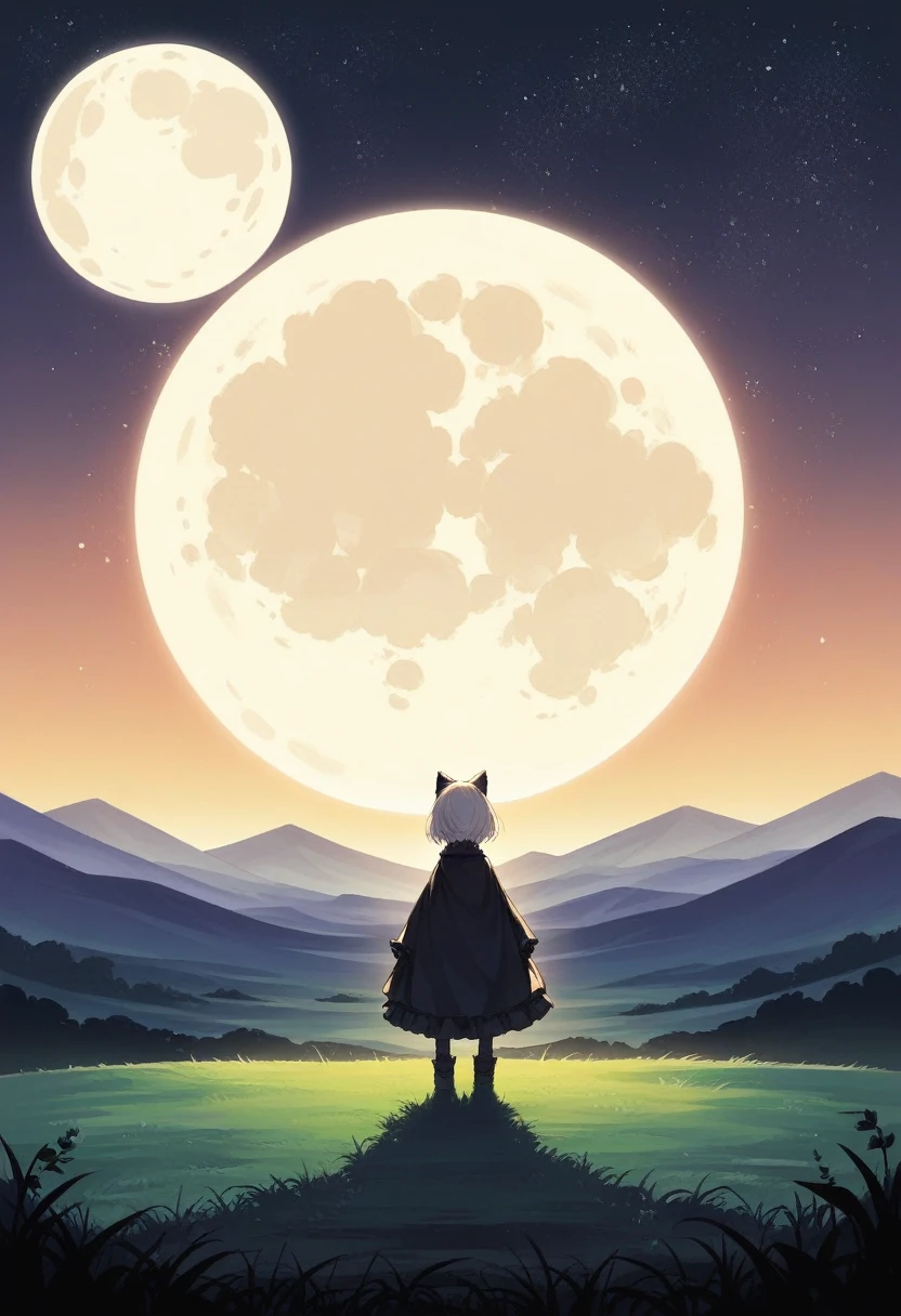 (((masterpiece))),(((Highest quality))),((Very detailed)),Rear View, Looking at the moon, 空にはuniverse船がある, Fantastic starry sky, Black cat, (Stand 20 meters apart),Standing in the grassland, landscape, universe, 8k, Super Detail,The whole scene is shining&#39;S、illumination、Particles of light,