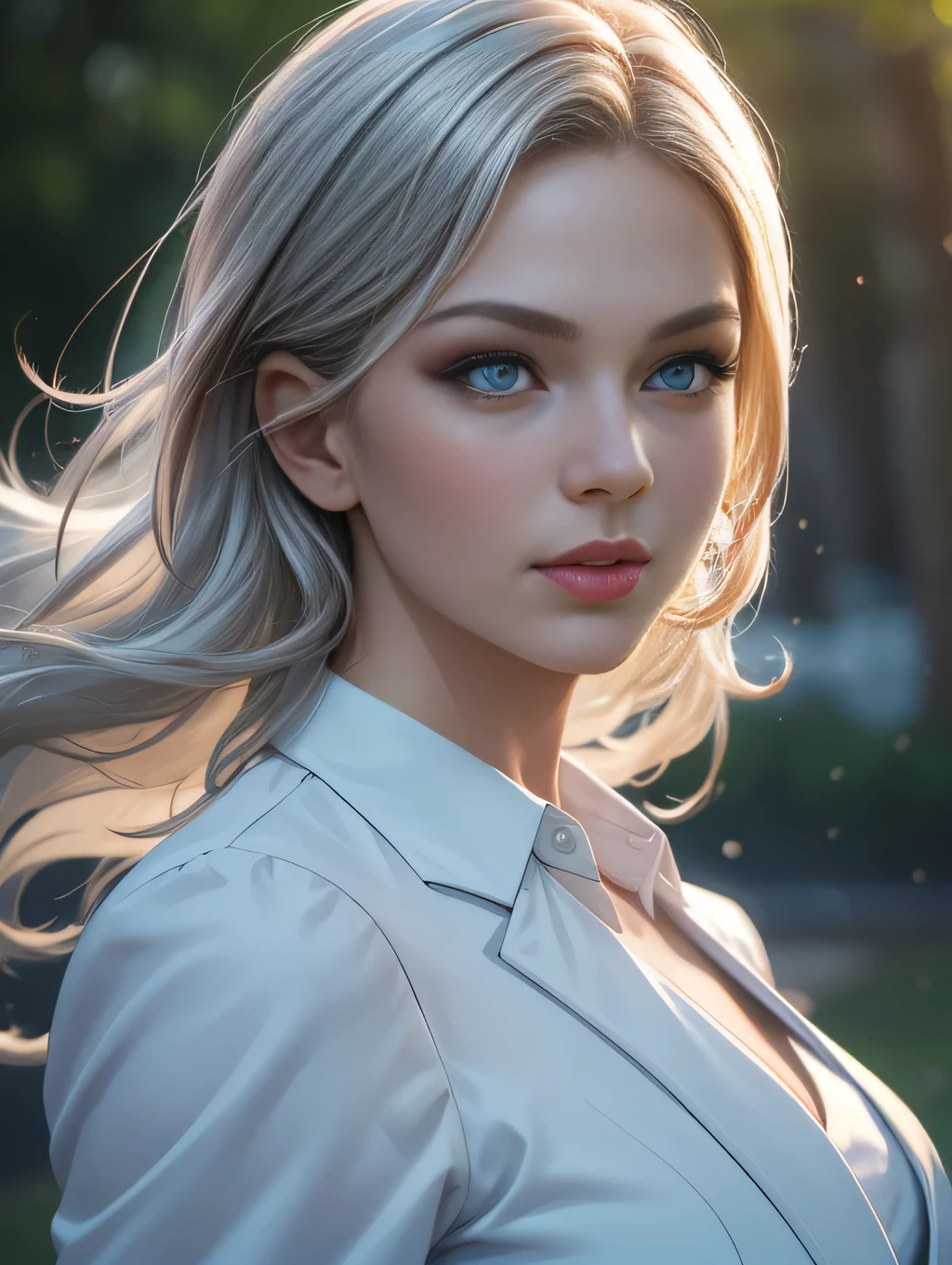 (Best quality,ultra detailed,Photorealistic:1.37),bright and rich colors, studio lighting, playful facial expression, stylish makeup ,( business jacket )  ,Silver hair flutters in the wind, inviting eyes, glossy lips, sexy pose, ,posing for a professional photo shoot ,shallow depth of field, highlighting the main subject, soft natural light ,Creating a dreamy and magical atmosphere.   ((Very  )),weak unhealthy ,(((Very тонкий))) excited