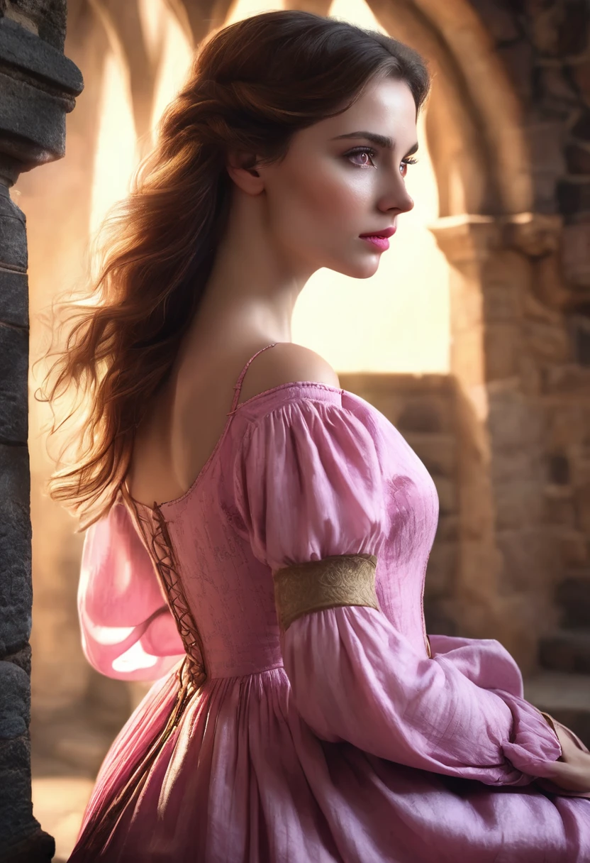 1 woman, inside a medieval era castle, wearing an elegant pink dress, detailed facial features, feminine brown eyes, detailed fair skin, loose golden brown hair, dramatic lighting, cinematic composition, dark palette, dark colors, atmospheric haze, thin chin, soft expression, smooth face, slim and beautiful woman, young woman, ultra realistic, profile picture, (best quality, 4K, 8K, high resolution, art: 1.2), ultra detailed (realistic, photorealistic, photorealistic: 1.37)