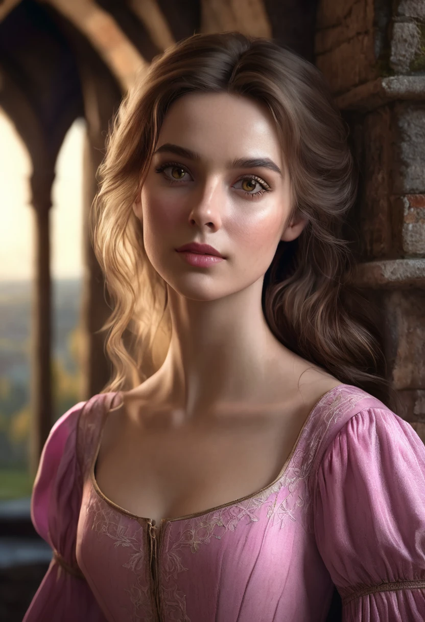 1 woman, inside a medieval era castle, wearing an elegant pink dress, detailed facial features, feminine brown eyes, detailed fair skin, loose golden brown hair, dramatic lighting, cinematic composition, dark palette, dark colors, atmospheric haze, thin chin, soft expression, smooth face, slim and beautiful woman, young woman, ultra realistic, profile picture, (best quality, 4K, 8K, high resolution, art: 1.2), ultra detailed (realistic, photorealistic, photorealistic: 1.37)