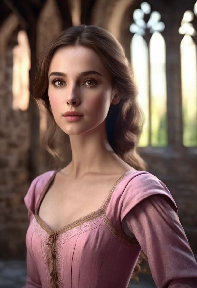 1 woman, inside a medieval era castle, wearing an elegant pink dress, detailed facial features, feminine brown eyes, detailed fair skin, loose golden brown hair, dramatic lighting, cinematic composition, dark palette, dark colors, atmospheric haze, thin chin, soft expression, smooth face, slim and beautiful woman, young woman, ultra realistic, profile picture, (best quality, 4K, 8K, high resolution, art: 1.2), ultra detailed (realistic, photorealistic, photorealistic: 1.37)