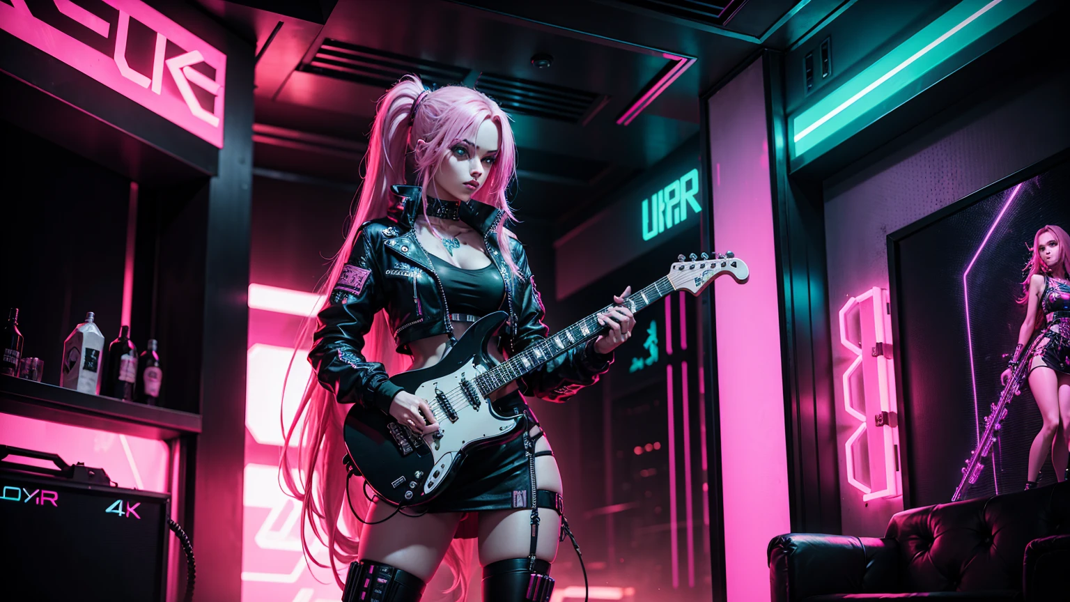 full body portrait, beautiful woman, cyberpunk style, long pink hair, playing a cyberpunk styled guitar, in a cyberpunk club, smoky atmosphere, neon lighting, dramatic, masterpiece, 4k definition, high detail, nior cyber