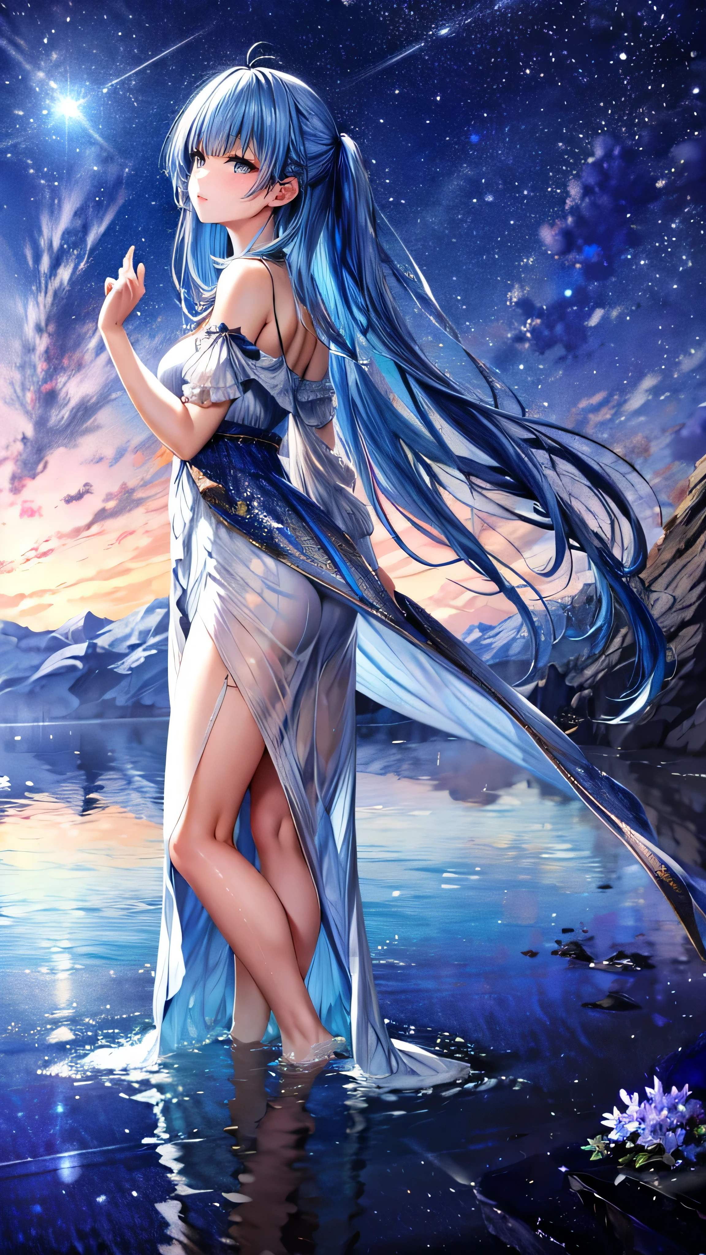 1girl, looking up at the sky, vast landscape, blue sky, outdoor, backview, flowers at her feet, wind blowing hair, reflection on water surface, anime style, detailed facial features, beautiful eyes, cute expression, Serene, peaceful, dreamlike, vibrant colors, soft lighting, high quality, 8k, photorealistic, masterpiece, digital art,masterpiece,best quality,ultra detailed,high-resolution,8k portrait,unity 8k wallpaper,extremely detailed CG unity 8k wallpaper、mysterious、Fantasy、emotional