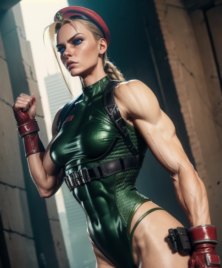 (((Full-length shot))),((Best quality)), ((masterpiece)), (detailed),muscular build and medium breasts ..,red headwear, green leotard, fingerless gloves, harness,black footwear,blonde hair pulled back into a ponytail.Hyper-realistic close-up photo of Cammy, blue eyes,high leg,(Photorealism: 1.4), Create dystopian masterpieces. Post-apocalyptic world. Pay attention to small details, sharp focus. The palms of the hands are clenched into fists.