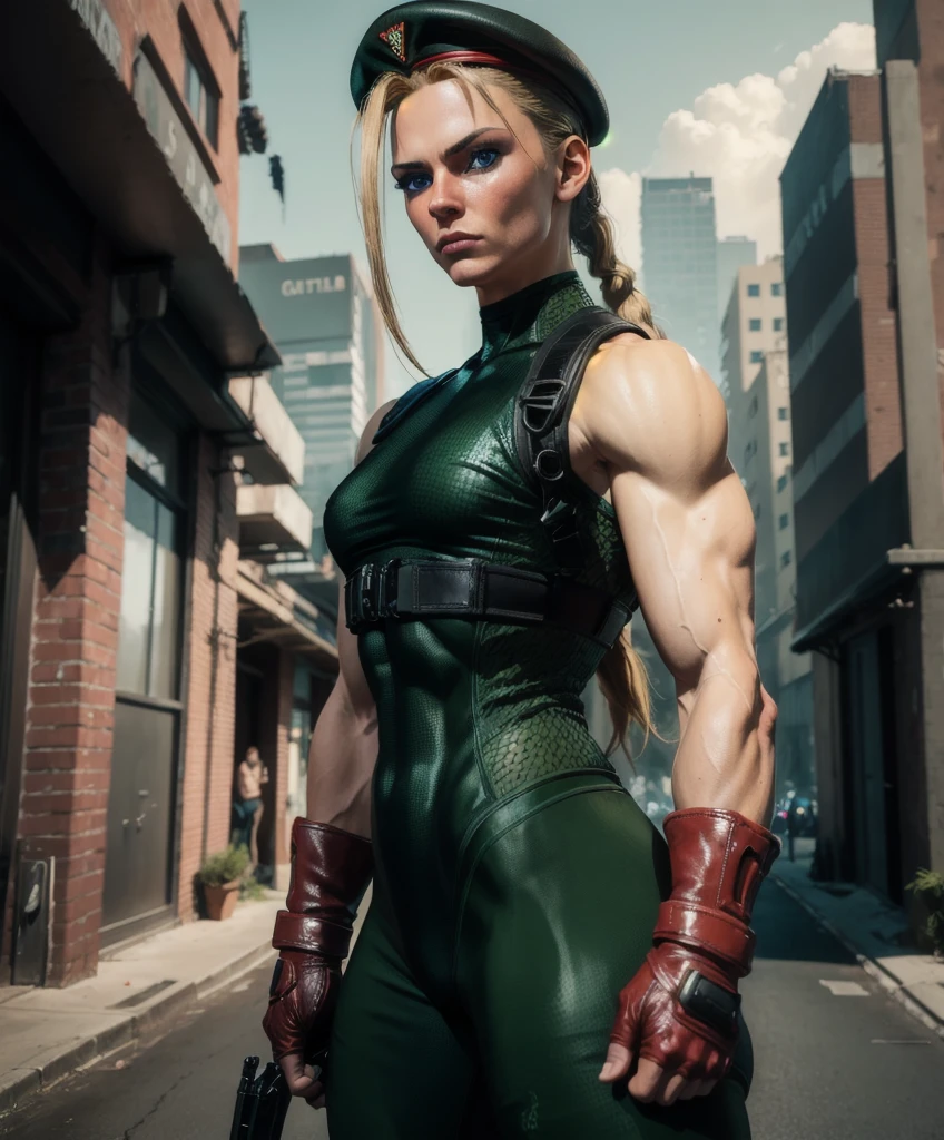 (((Full-length shot))),((Best quality)), ((masterpiece)), (detailed),muscular build and medium breasts ..,red headwear, green leotard, fingerless gloves, harness,black footwear,blonde hair pulled back into a ponytail.Hyper-realistic close-up photo of Cammy, blue eyes,high leg,(Photorealism: 1.4), Create dystopian masterpieces. Post-apocalyptic world. Pay attention to small details, sharp focus. The palms of the hands are clenched into fists.