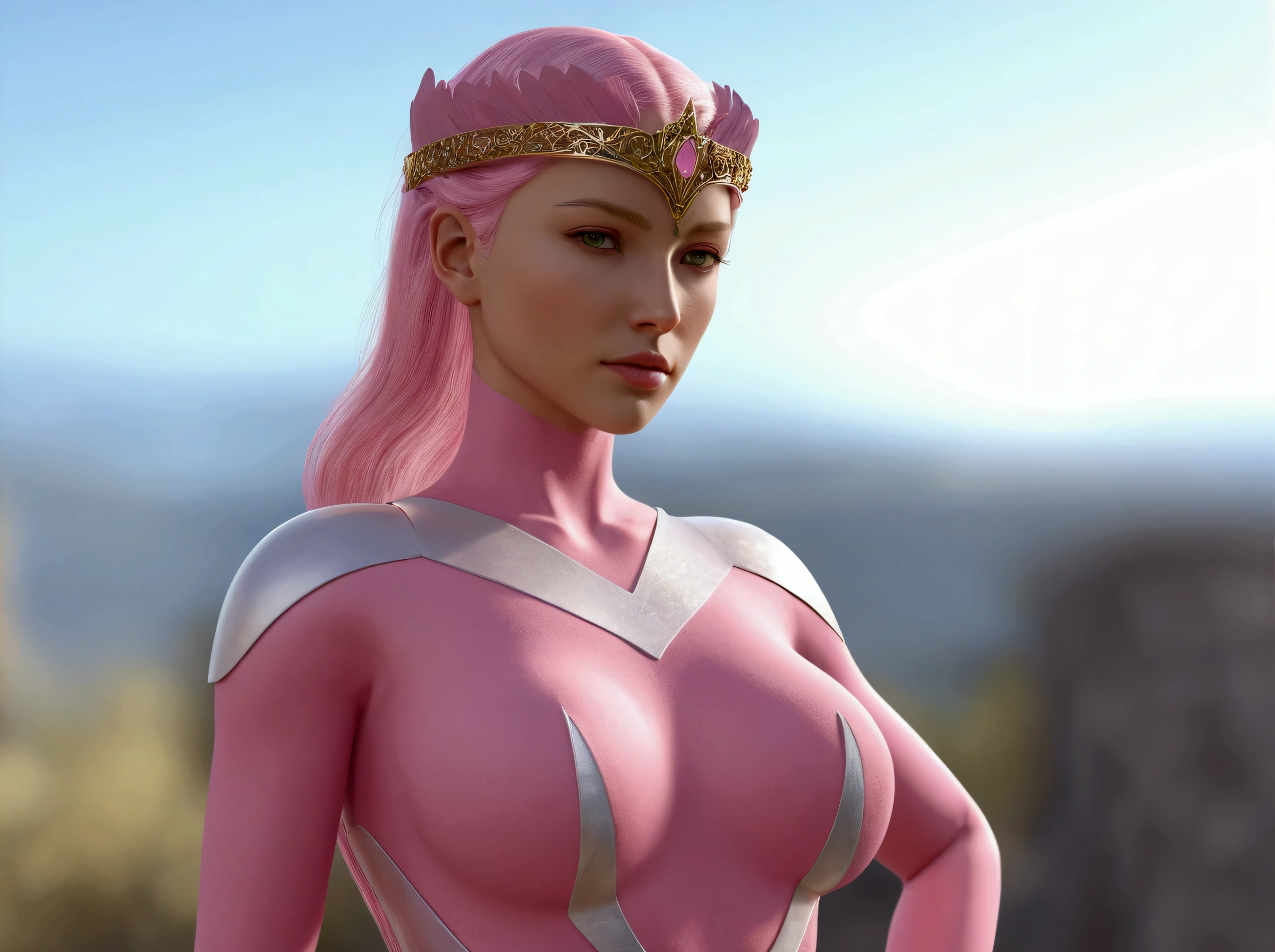 a close up of a woman with a Pink body and gold headpiece, Smooth pink skin, Streamlined pink armor, Beautiful fantasy queen, 3 d goddess minerva, cinematic goddess body shot, goddess. Extremely high detail, Smooth 3D CG rendering, Character in a natural pose, Pink body, Presented in sfm, Smooth pink armor, daz 3 d