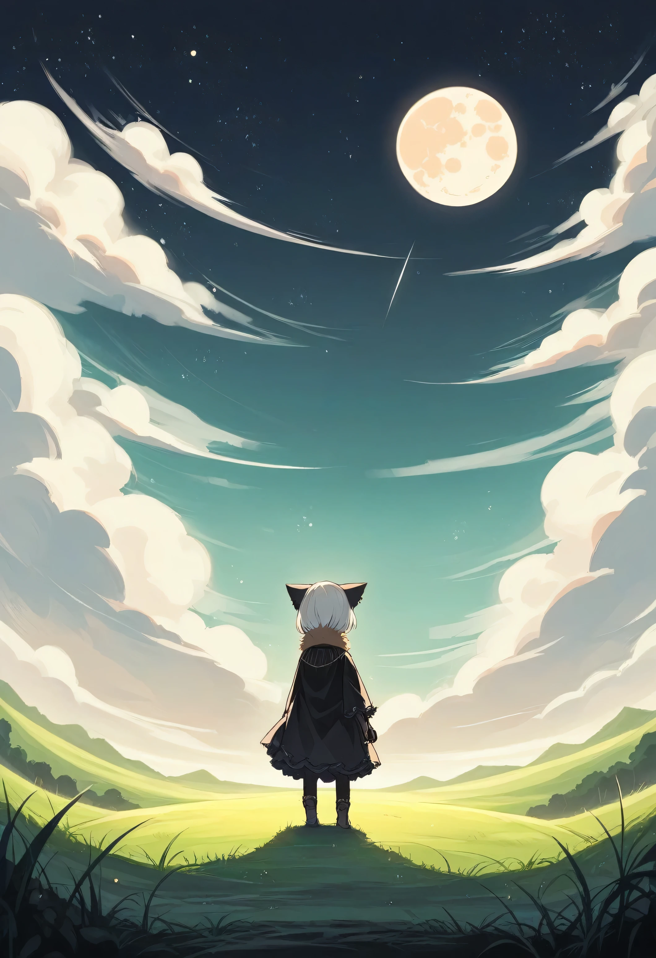 (((masterpiece))),(((Highest quality))),((Very detailed)),Rear View, Looking at the moon, 空にはuniverse船がある, Fantastic starry sky, Black cat, (Stand 20 meters apart),Standing in the grassland, landscape, universe, 8k, Super Detail,The whole scene is shining'S、illumination、Particles of light,