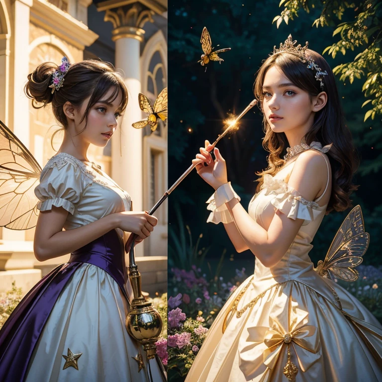 (masterpiece, best quality:1.5), highest quality, High resolution, super detailed, Realists, Upper body photo of a brunette 14-year-old magical girl, detailed and beautiful eyes, beautiful detailed lips, very detailed eyes and face, longeyelashes, shiny satin dress, Holding a magic wand in your hand, Cast a transformation spell, Spiders become butterflies, Magic wands present and shiny, Beautiful and colorful makeup, elegant and noble々The jewelry bag, Gardens as background, soft daylight, bright colors, fine brushstrokes, Portrait style, Silk dress fabric, beautiful color palette, glowing skin, First-class rendering, that captures every detail, enchanting atmosphere, subtle shadows and lights, (perfect anatomy:1.2), (The two stunning 14 and 12 year old Magical Girls transform spiders into butterflies (a transformation with the magic wand:1.4), (magnificent panorama view:1.2)